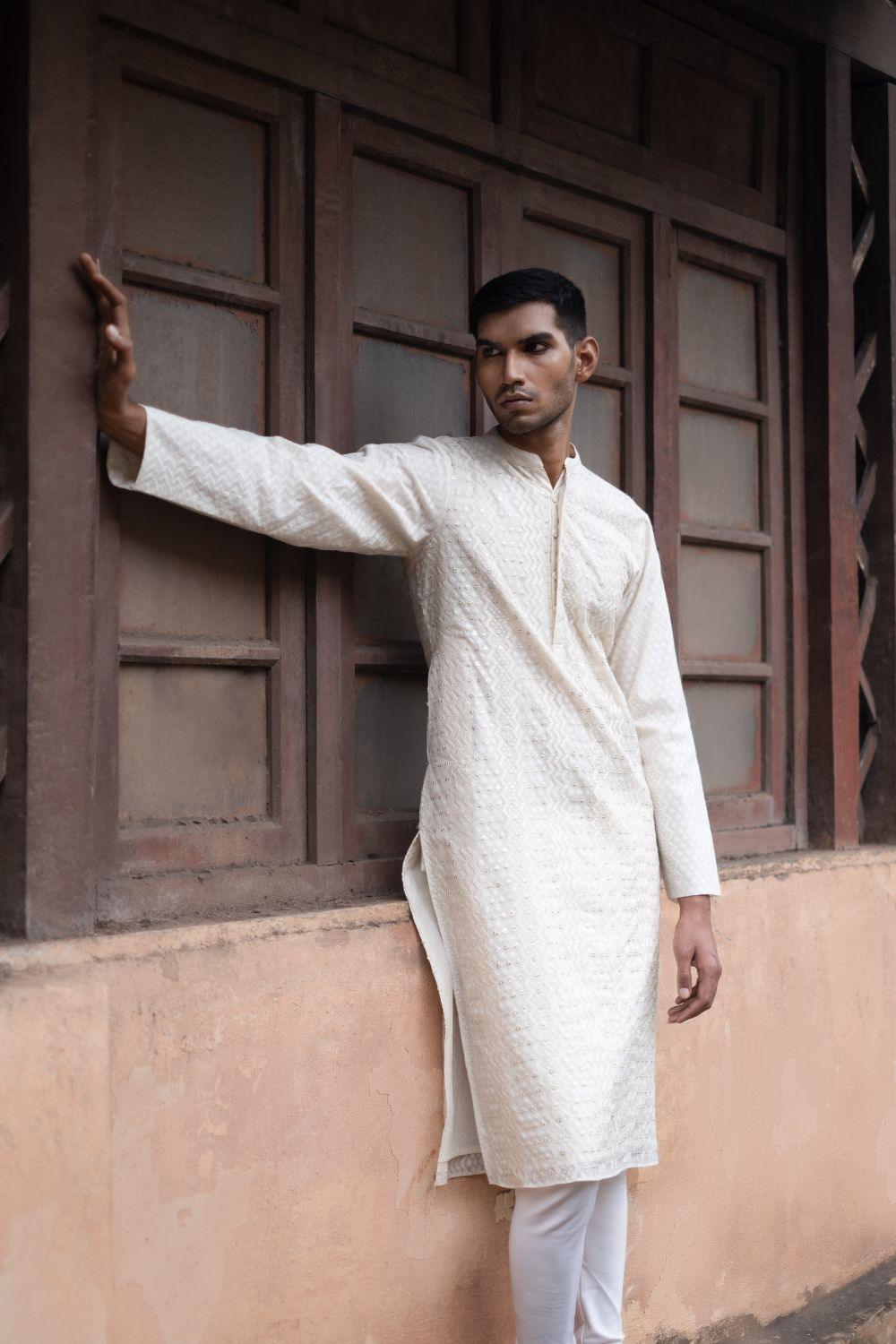 White Fully Embellished Kurta With Churidar Set