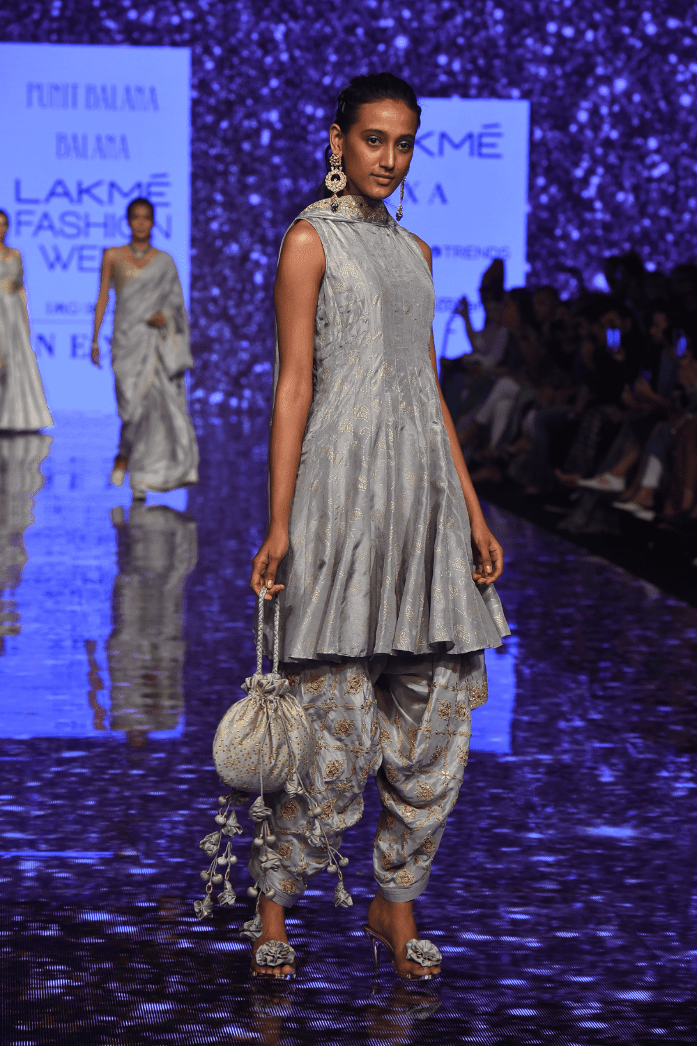 Grey Short Anarkali With Heavy Work Dhoti Pants & Dupatta