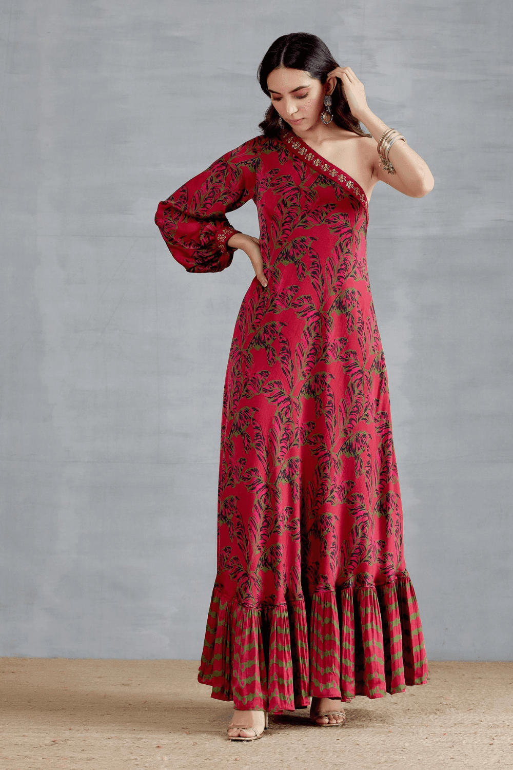 One Sleeve Dress With Coin Work Border