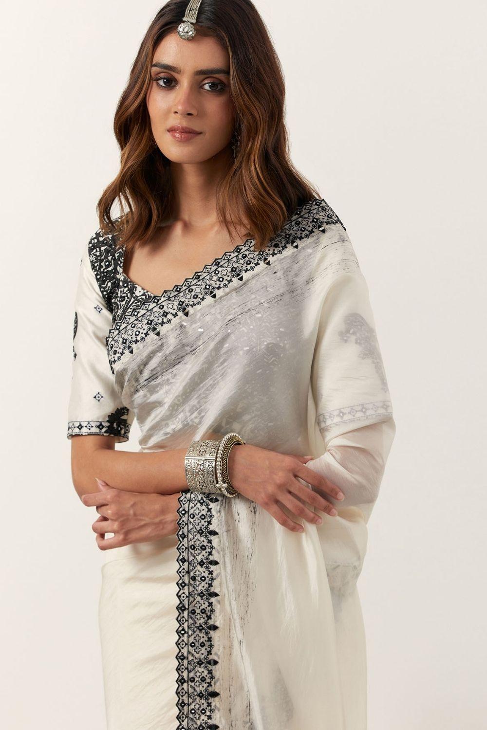 Ivory Printed Resham & Mirror Work Saree Set