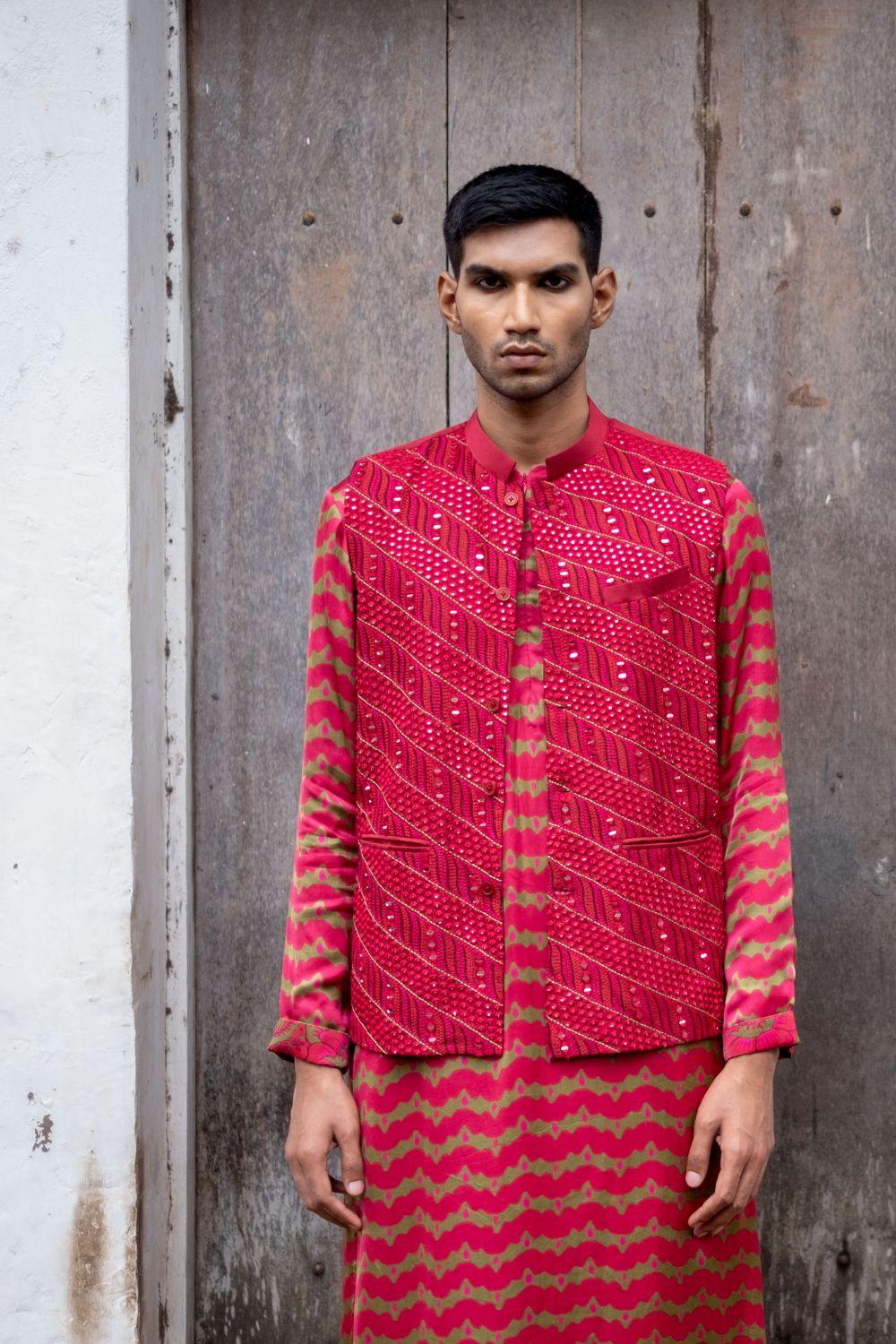 Cherry Red Kurta Churidar With Bandi