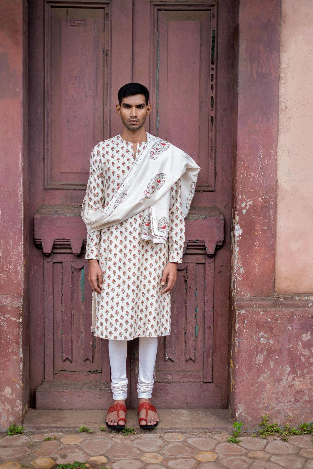 White Kurta With Churidar And Stole