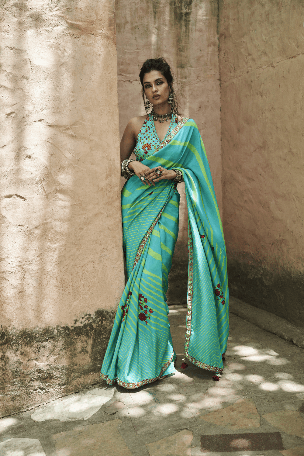 Turquoise Satin Silk Printed Saree