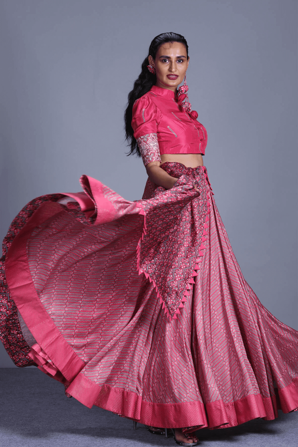 Printed Crop Shirt Top With Skirt And Dupatta
