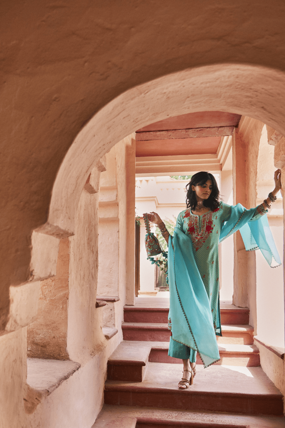 Turquoise Silk Chanderi Kurta Set