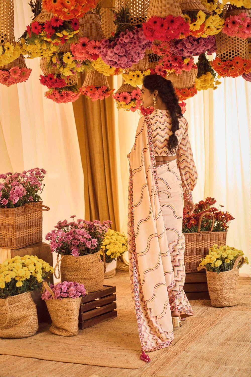 Blush Pink Printed Saree With Cuff Sleeve Blouse