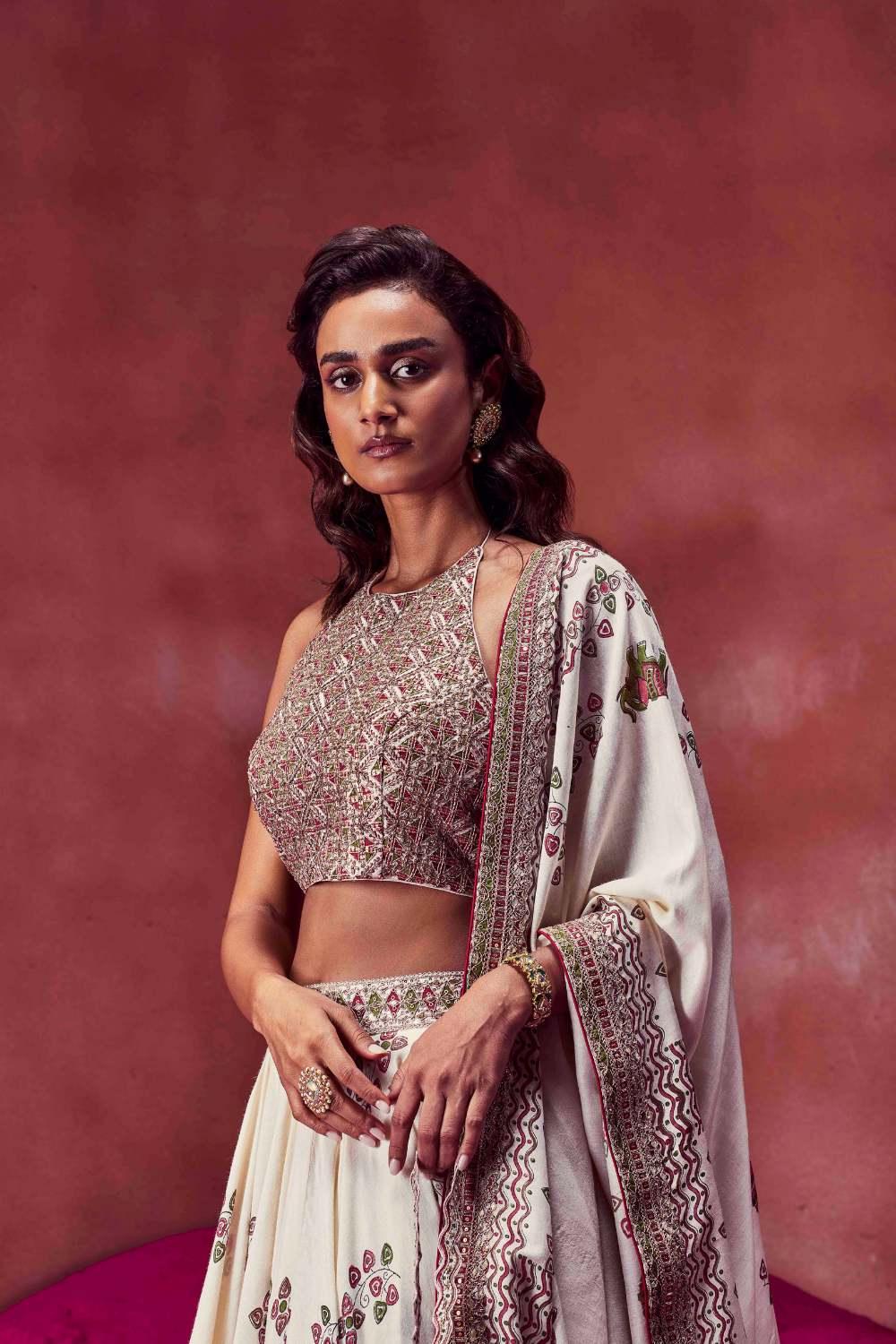 Ivory Halter Neck Blouse With lehenga Set