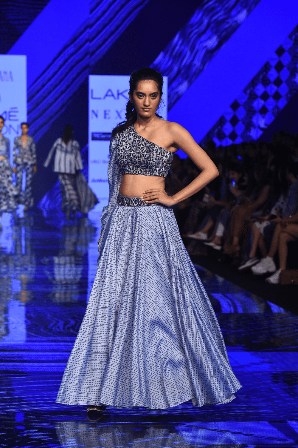 Blue One Sleeve Mirror Work Top & Skirt