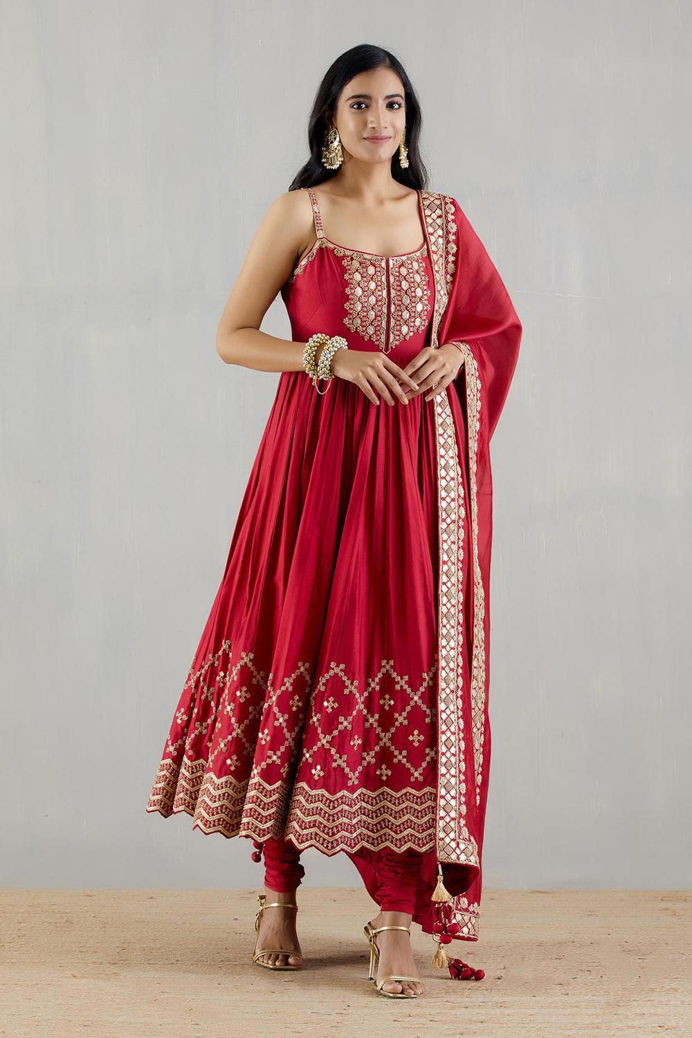 Red Strappy Heavy Anarkali With Organza Silk Dupatta