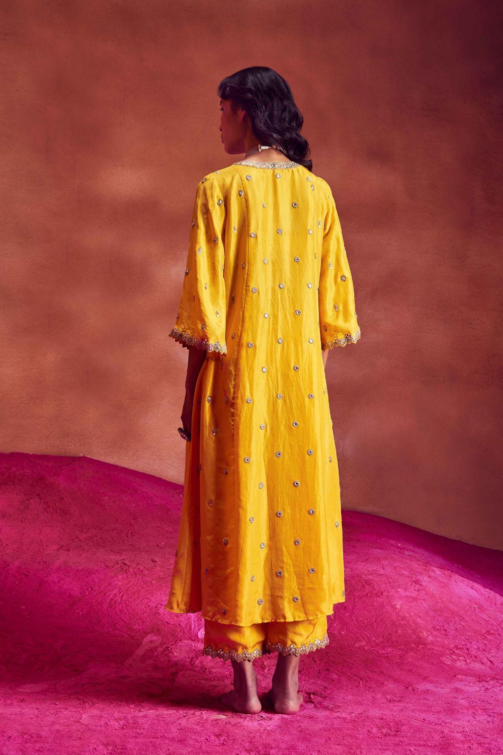 Yellow Silk Anarkali With Pants & Dupatta