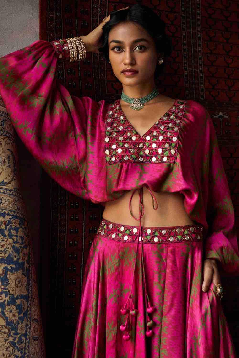 Cherry Red Satin Silk Coin Work Loose Top And Skirt Set