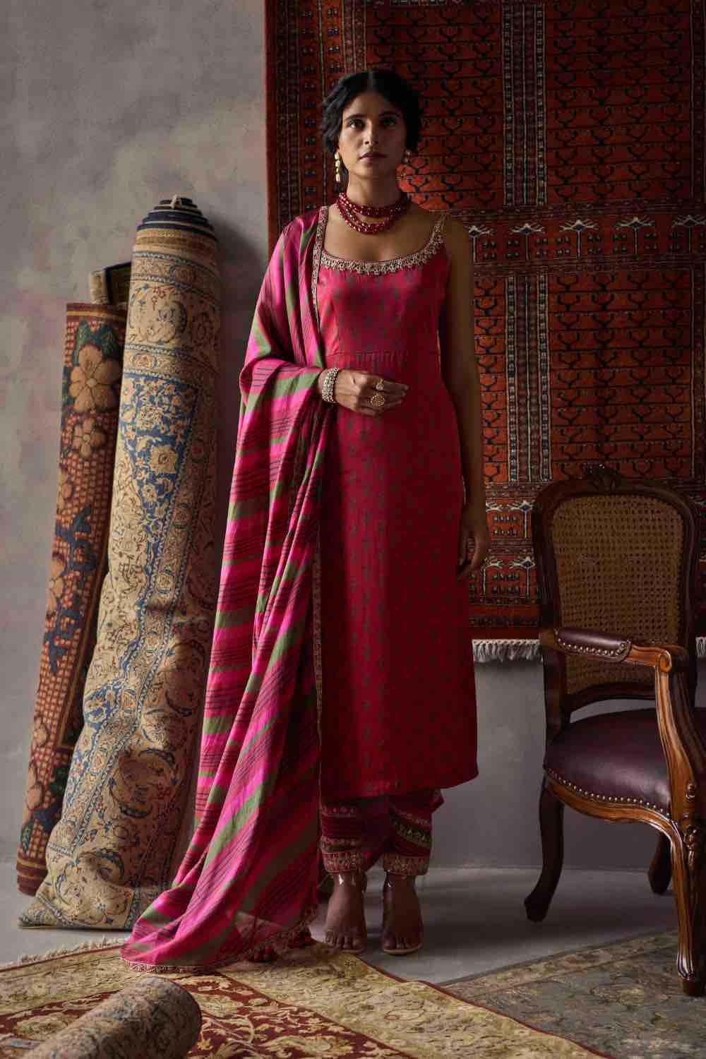 Cherry Red Satin Silk Straight Kurta Set