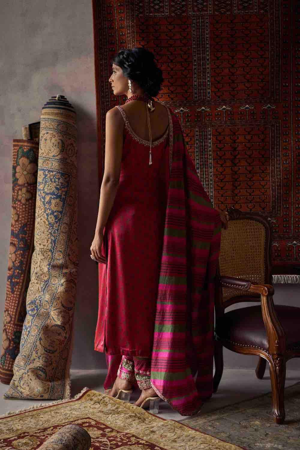 Cherry Red Satin Silk Straight Kurta Set