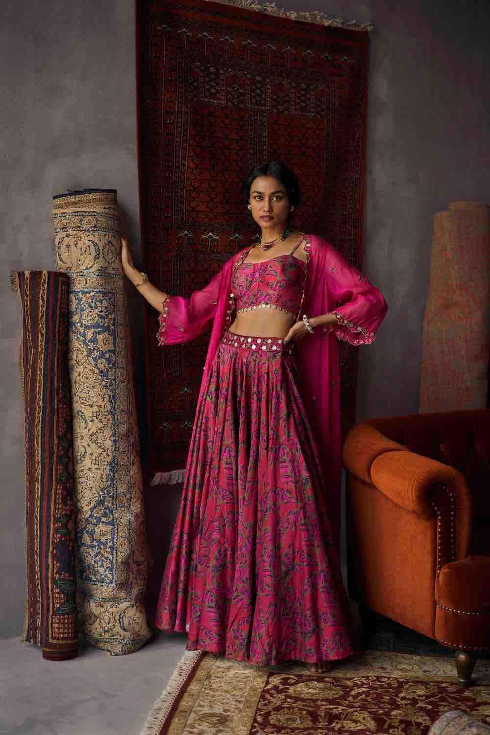 Cherry Red Printed Organza Cape Set