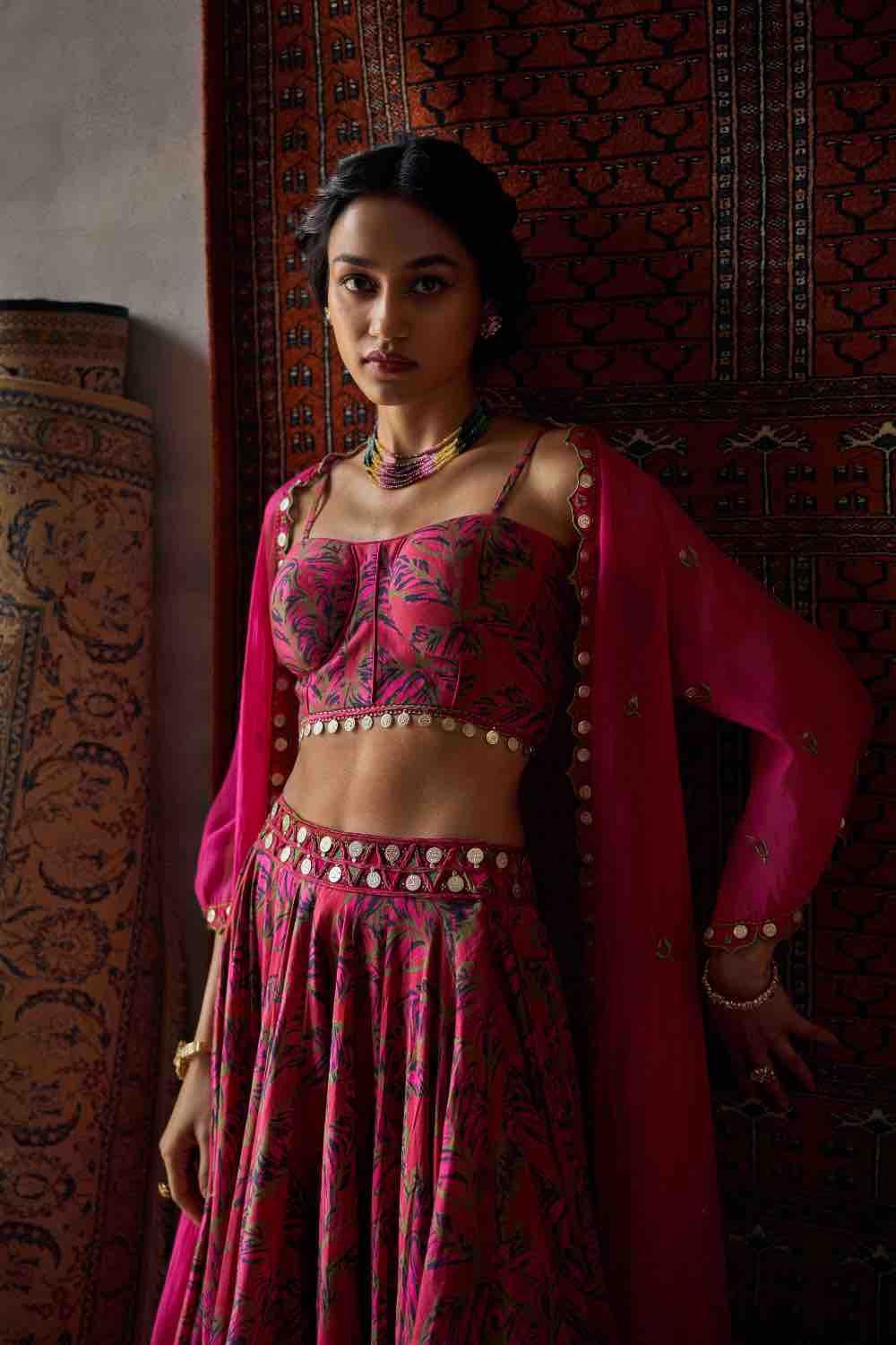 Cherry Red Printed Organza Cape Set