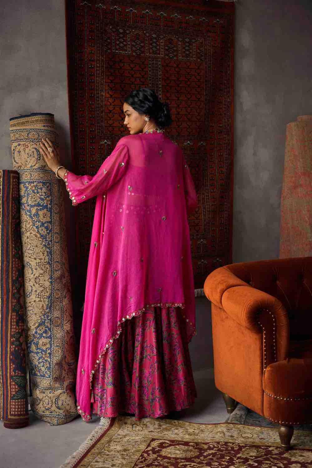 Cherry Red Printed Organza Cape Set