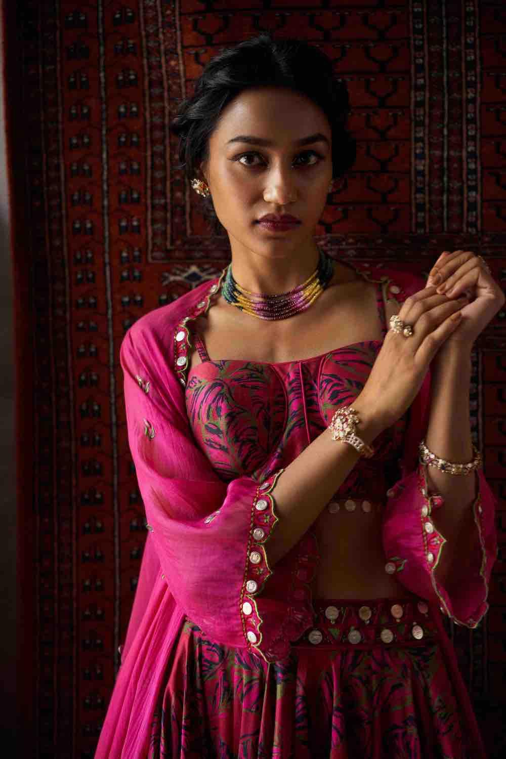 Cherry Red Printed Organza Cape Set