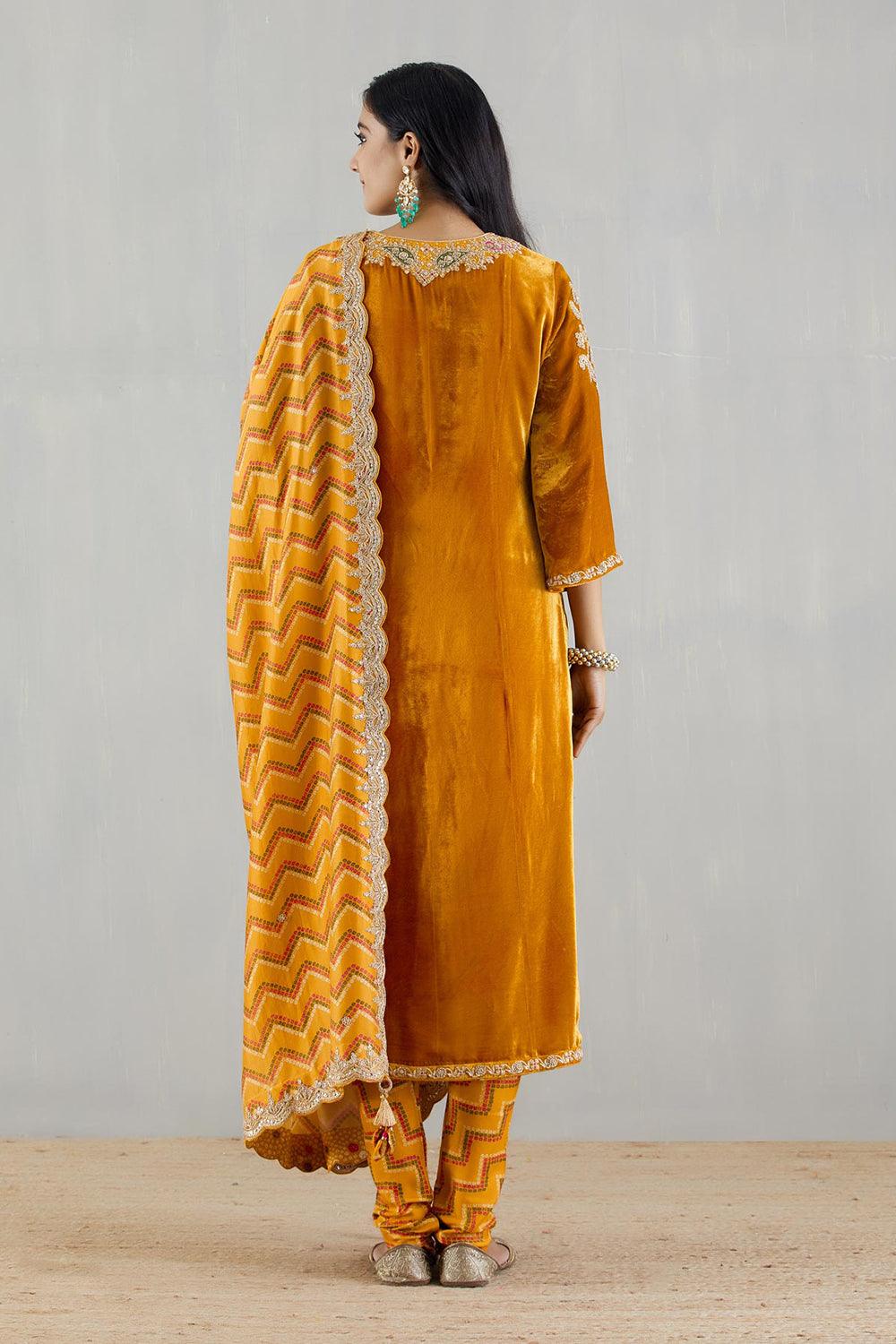 Mustard Velvet Kurta With Printed Dupatta