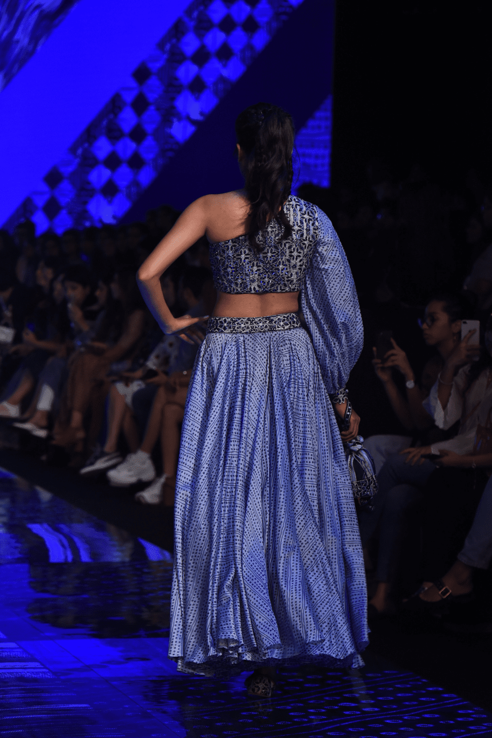 Blue One Sleeve Mirror Work Top & Skirt