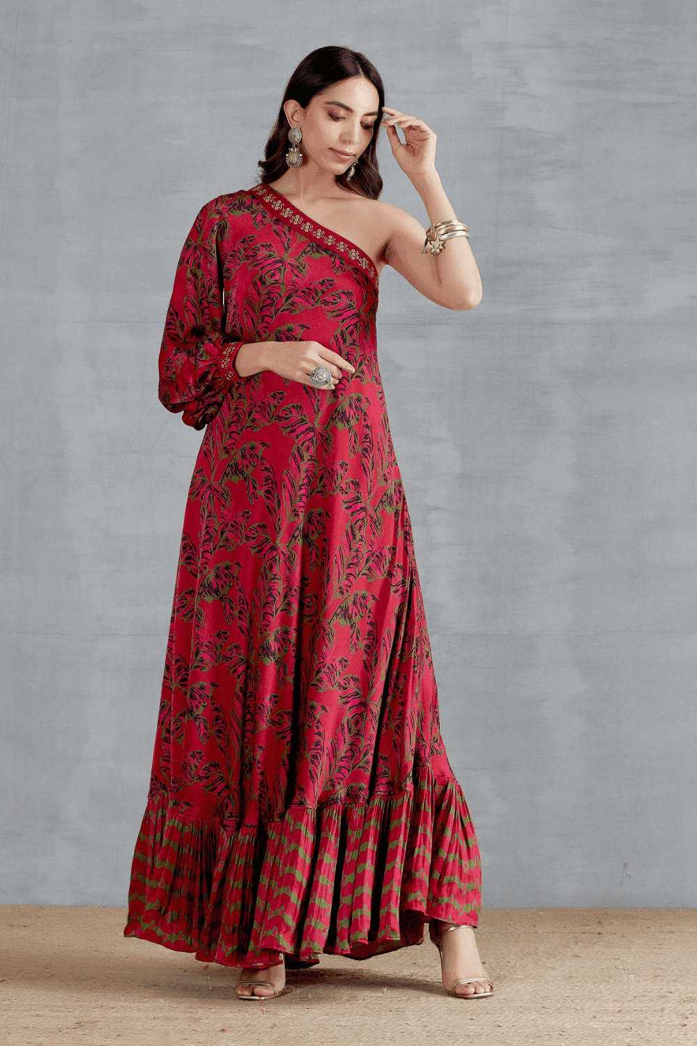 One Sleeve Dress With Coin Work Border