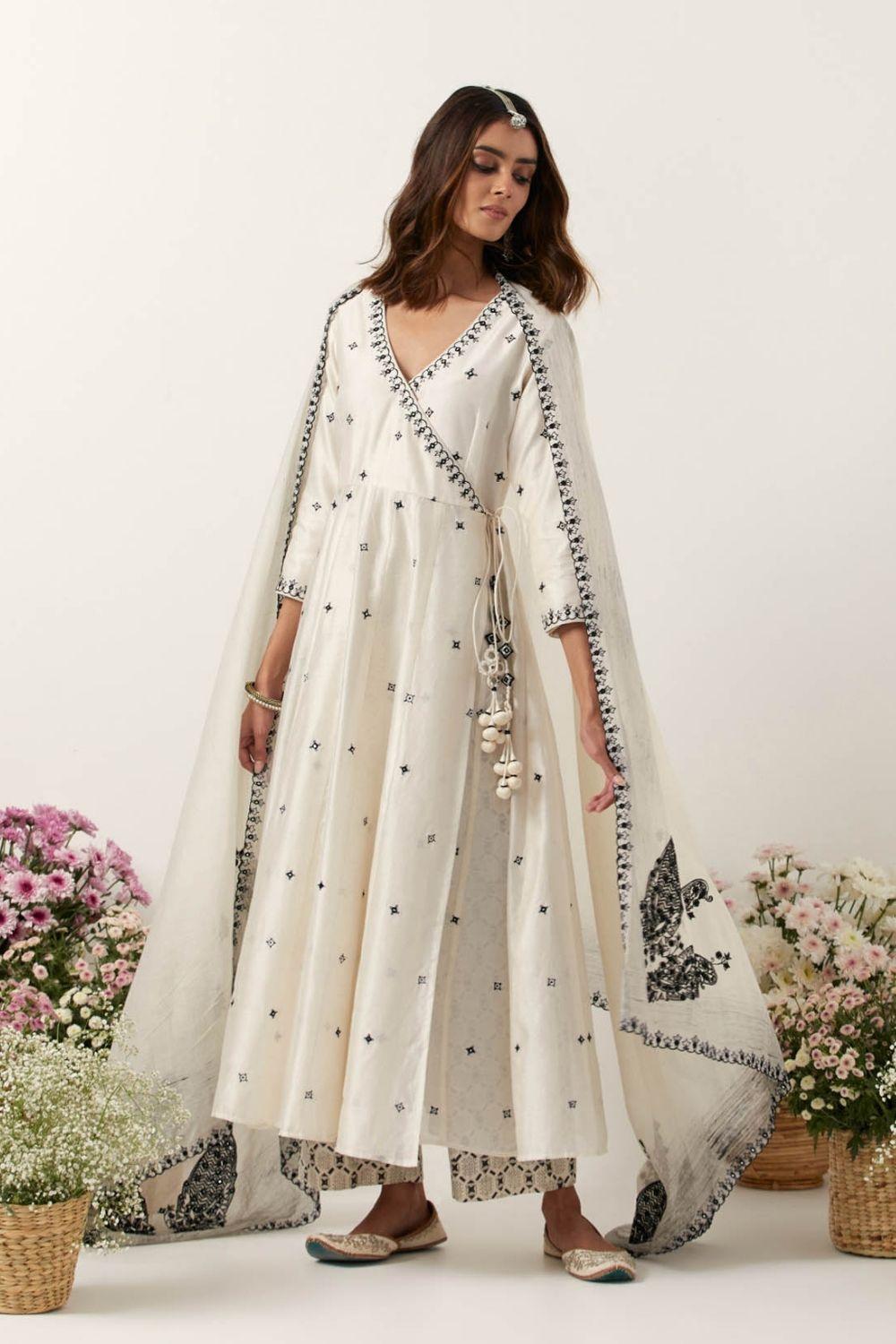 Ivory Mirror & Resham Embroidered Angrakha With Dupatta & Pants