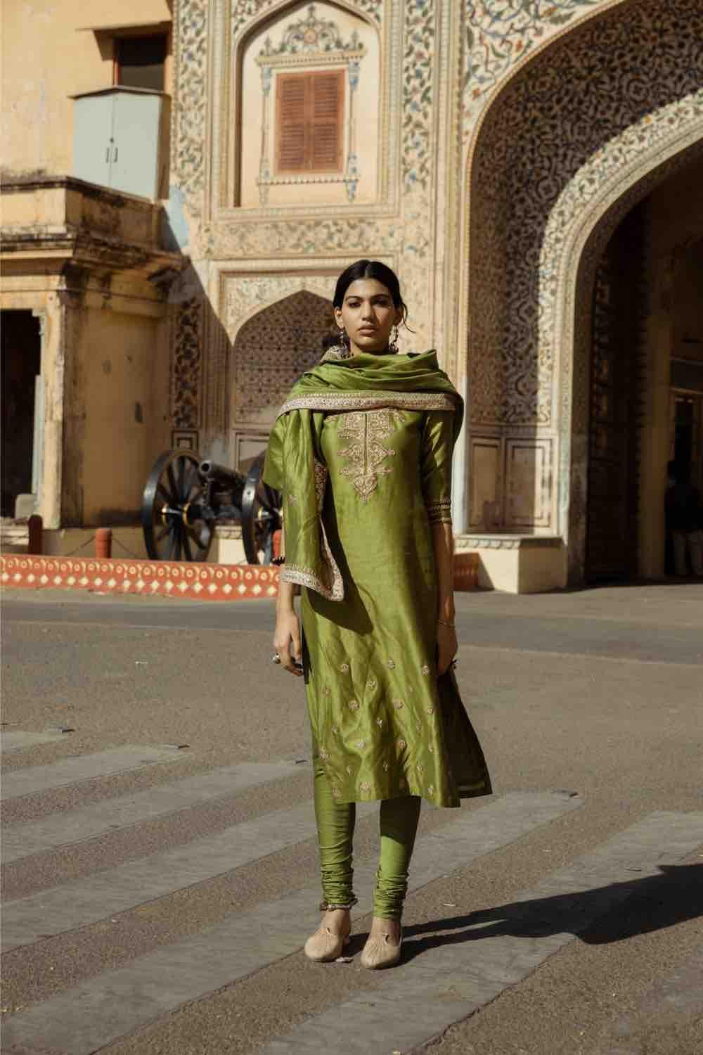 Dark Green Kurta With Churidar And Dupatta