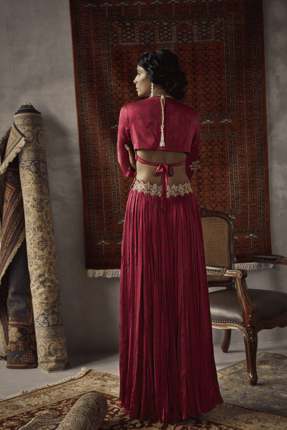 Cherry Red Satin Silk Crop Top And Skirt Set
