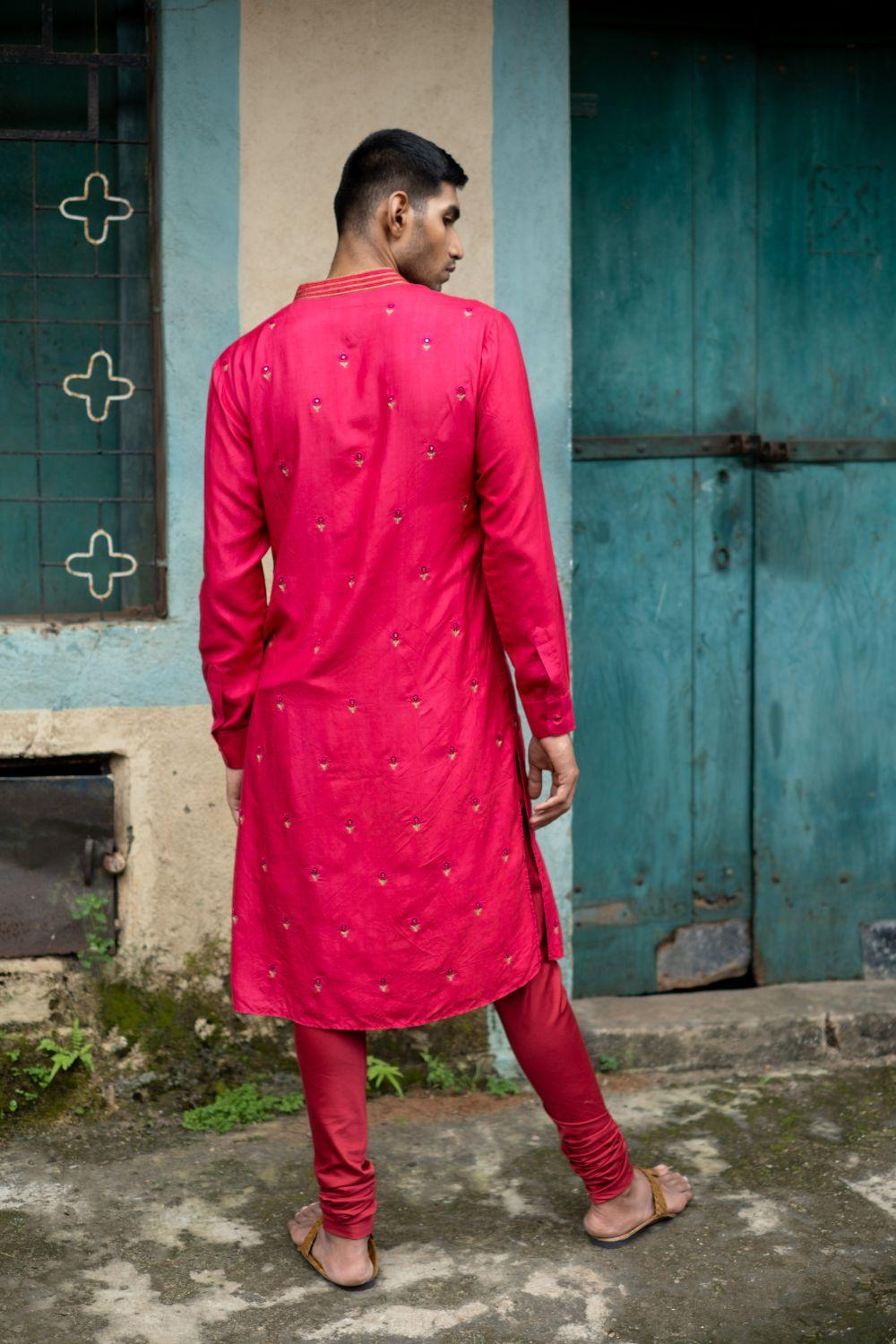 Cherry Red Kurta With Churidar Set