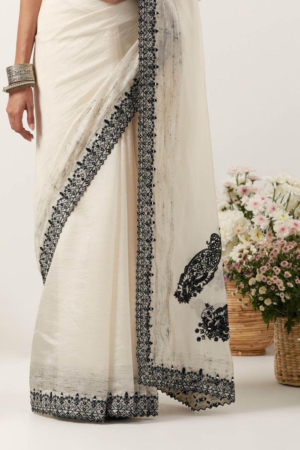 Ivory Printed Resham & Mirror Work Saree Set