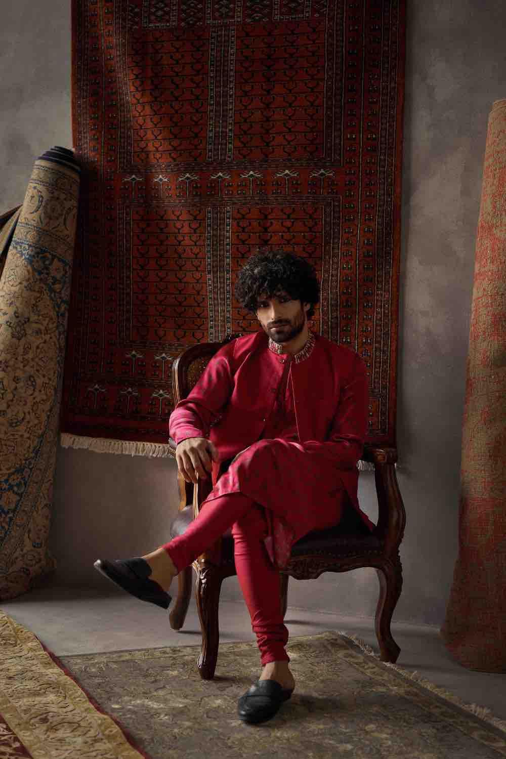 Cherry Red Satin Silk Kurta And Tussar Silk Bandi Set