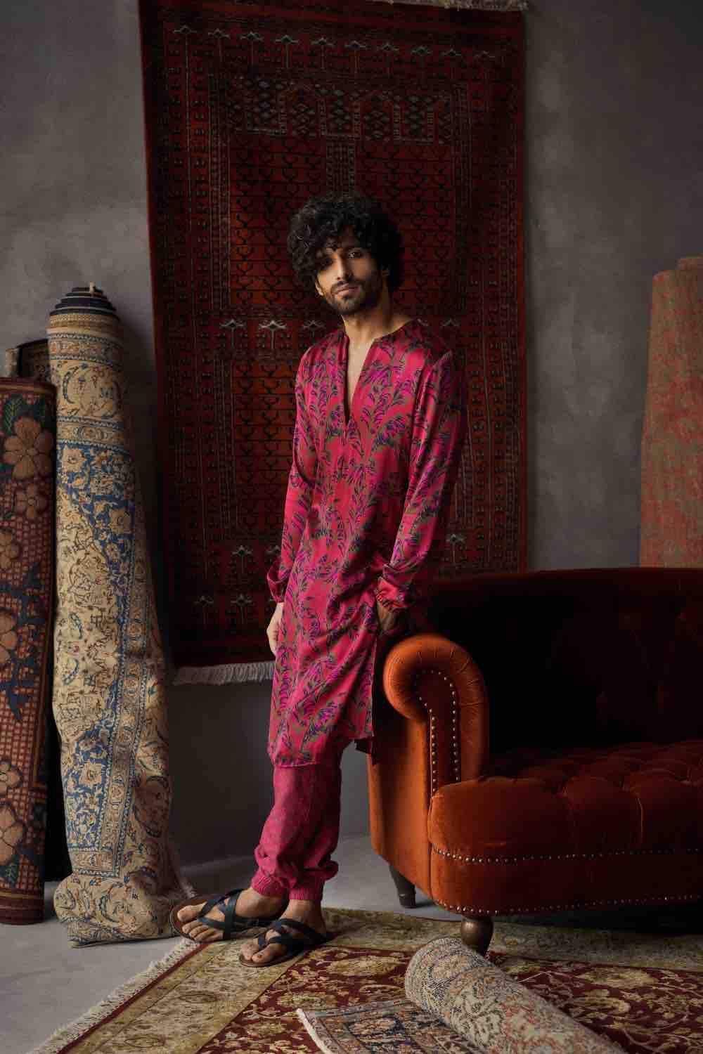 Cherry Red Satin Silk Printed Kurta And Joggers Pants