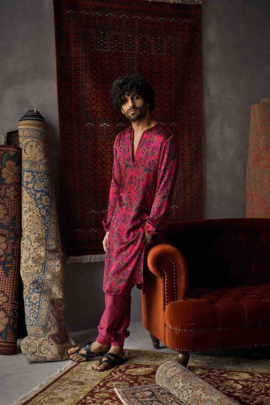 Cherry Red Satin Silk Printed Kurta And Joggers Pants