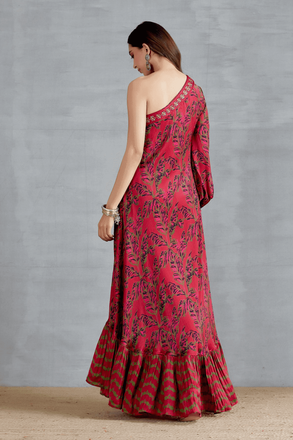 One Sleeve Dress With Coin Work Border