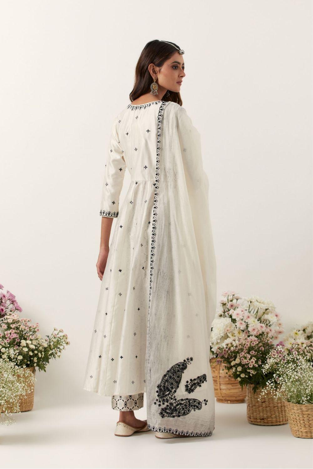 Ivory Mirror & Resham Embroidered Angrakha With Dupatta & Pants