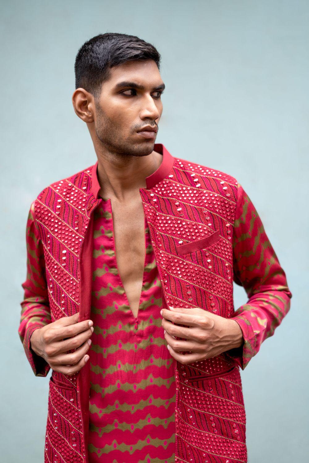 Cherry Red Kurta Churidar With Bandi