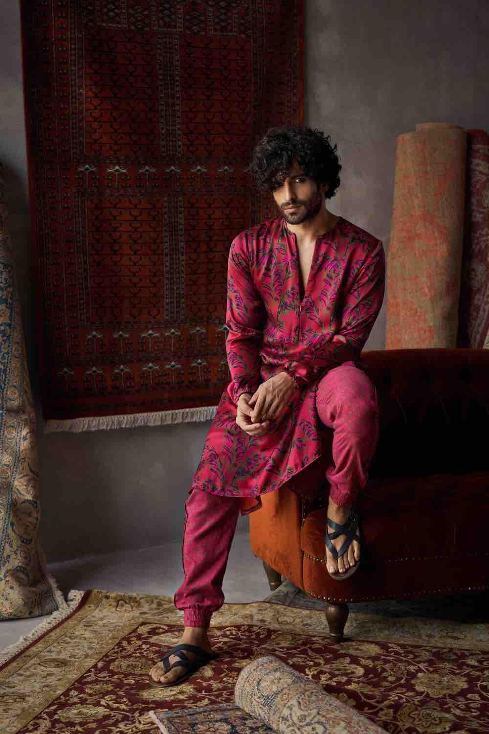 Cherry Red Satin Silk Printed Kurta And Joggers Pants