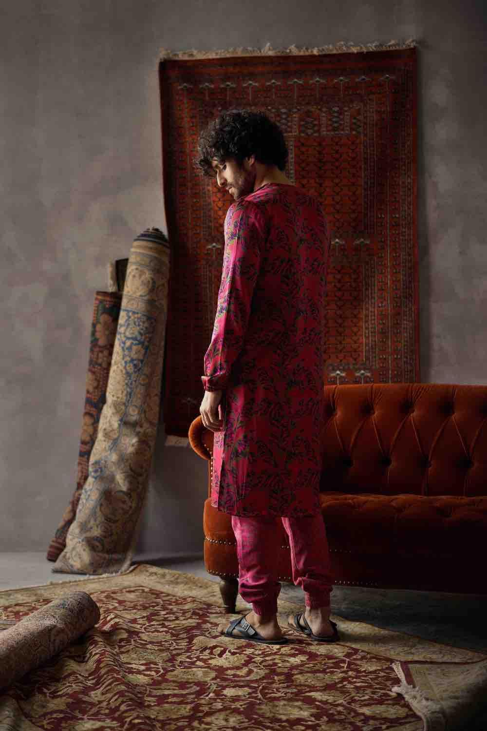 Cherry Red Satin Silk Printed Kurta And Joggers Pants