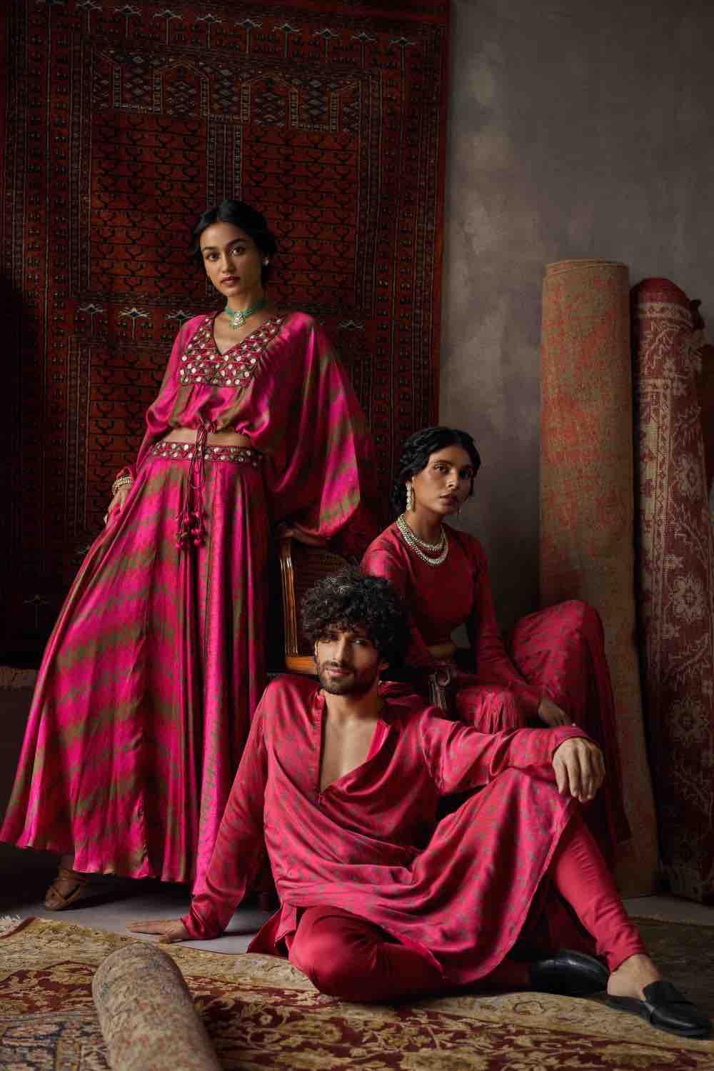 Cherry Red Satin Silk Kurta And Churidar Set