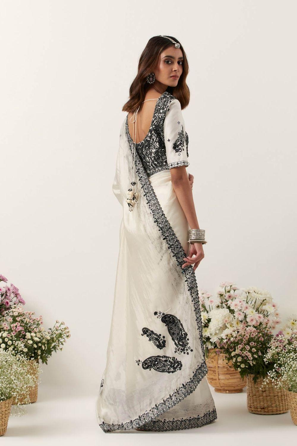 Ivory Printed Resham & Mirror Work Saree Set