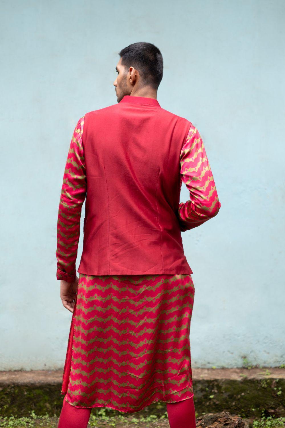Cherry Red Kurta Churidar With Bandi