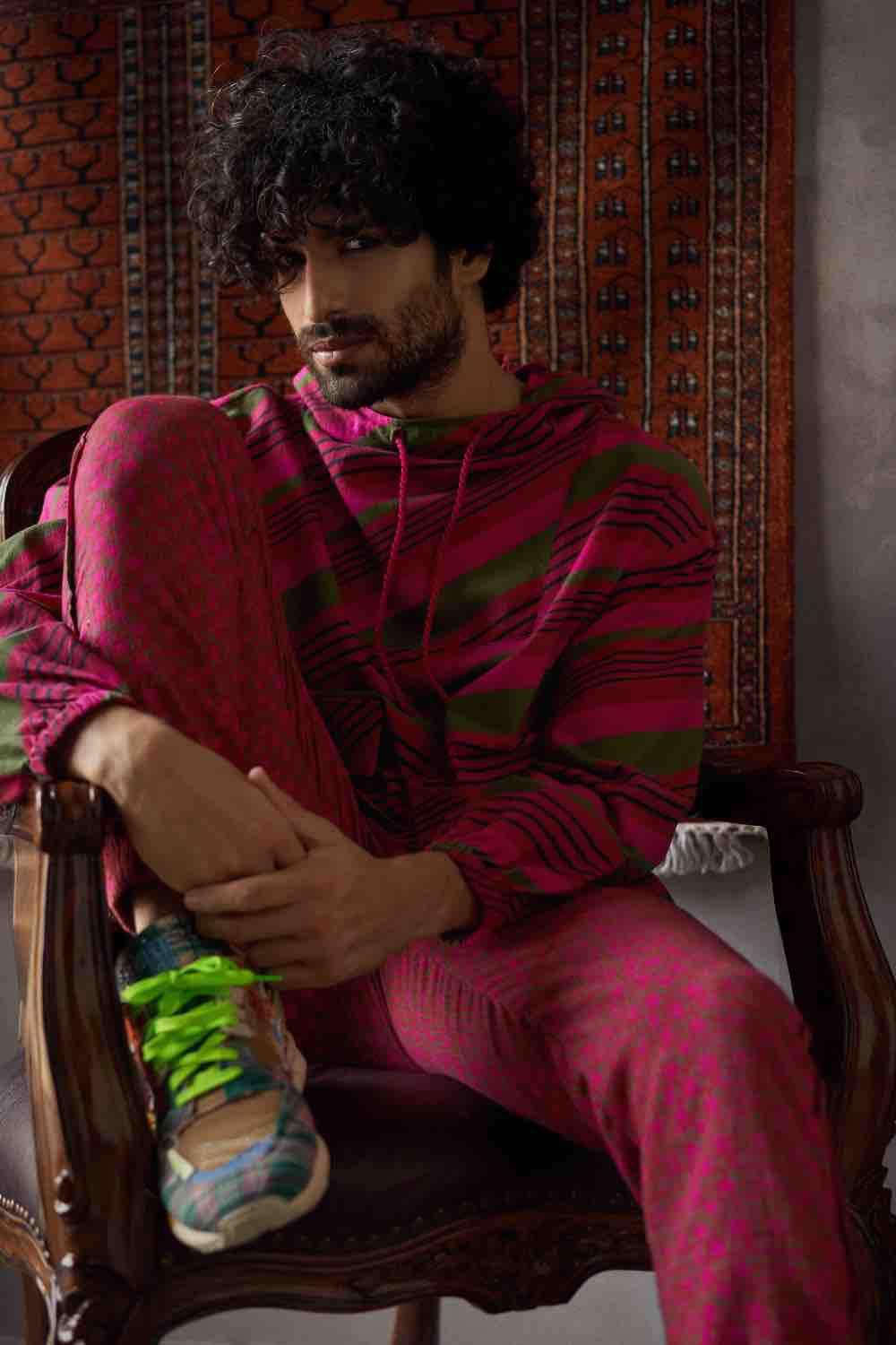 Cherry Red Linen Oversized Hoodie With Joggers Pants