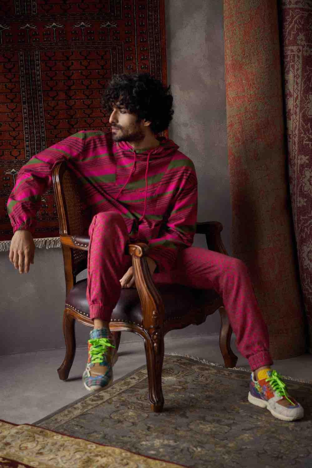 Cherry Red Linen Oversized Hoodie With Joggers Pants