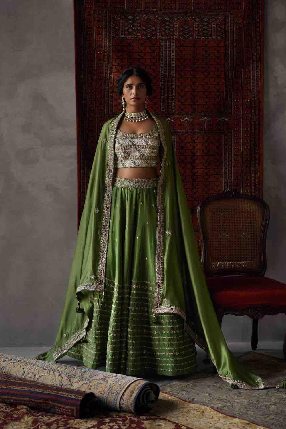 Olive Green Silk Lehenga Set