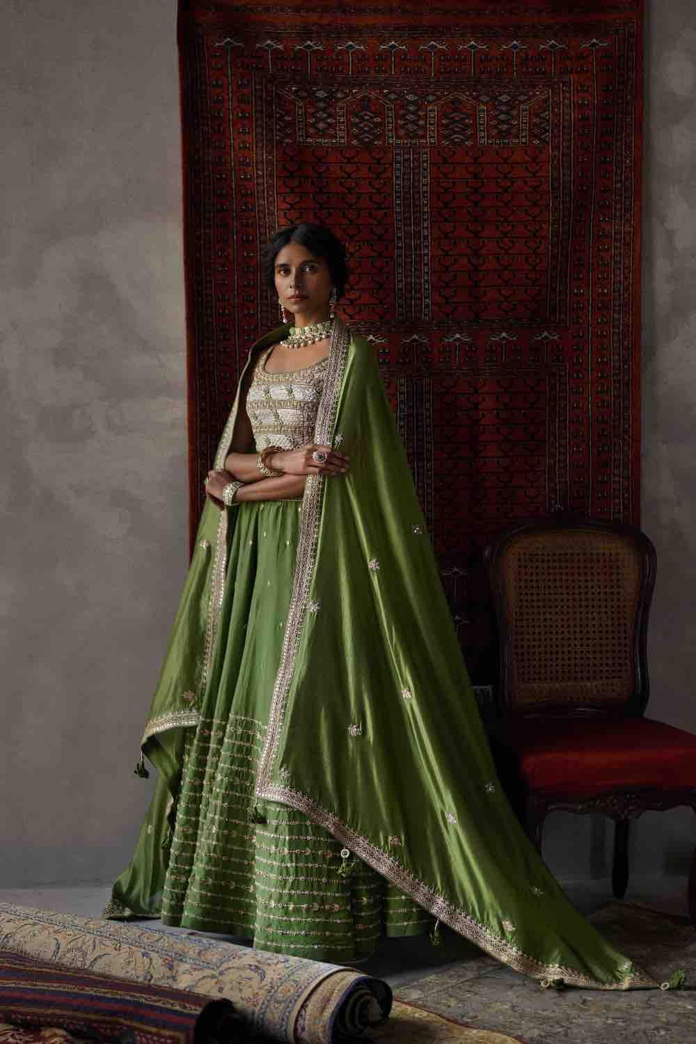 Olive Green Silk Lehenga Set