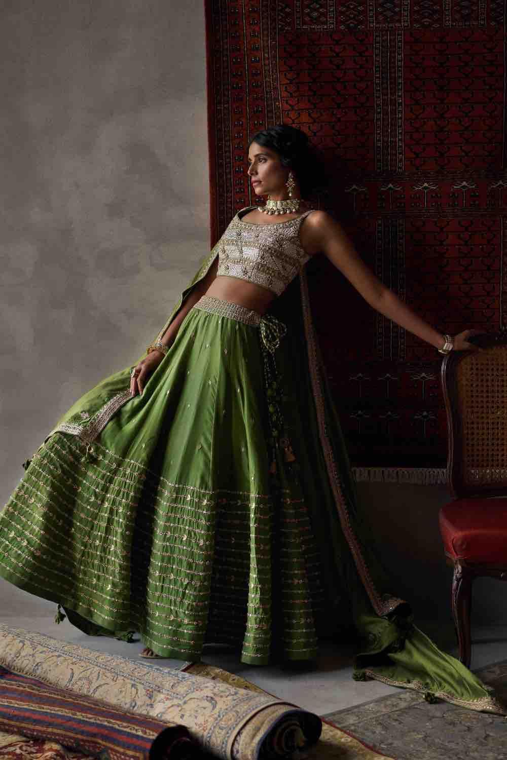 Olive Green Silk Lehenga Set
