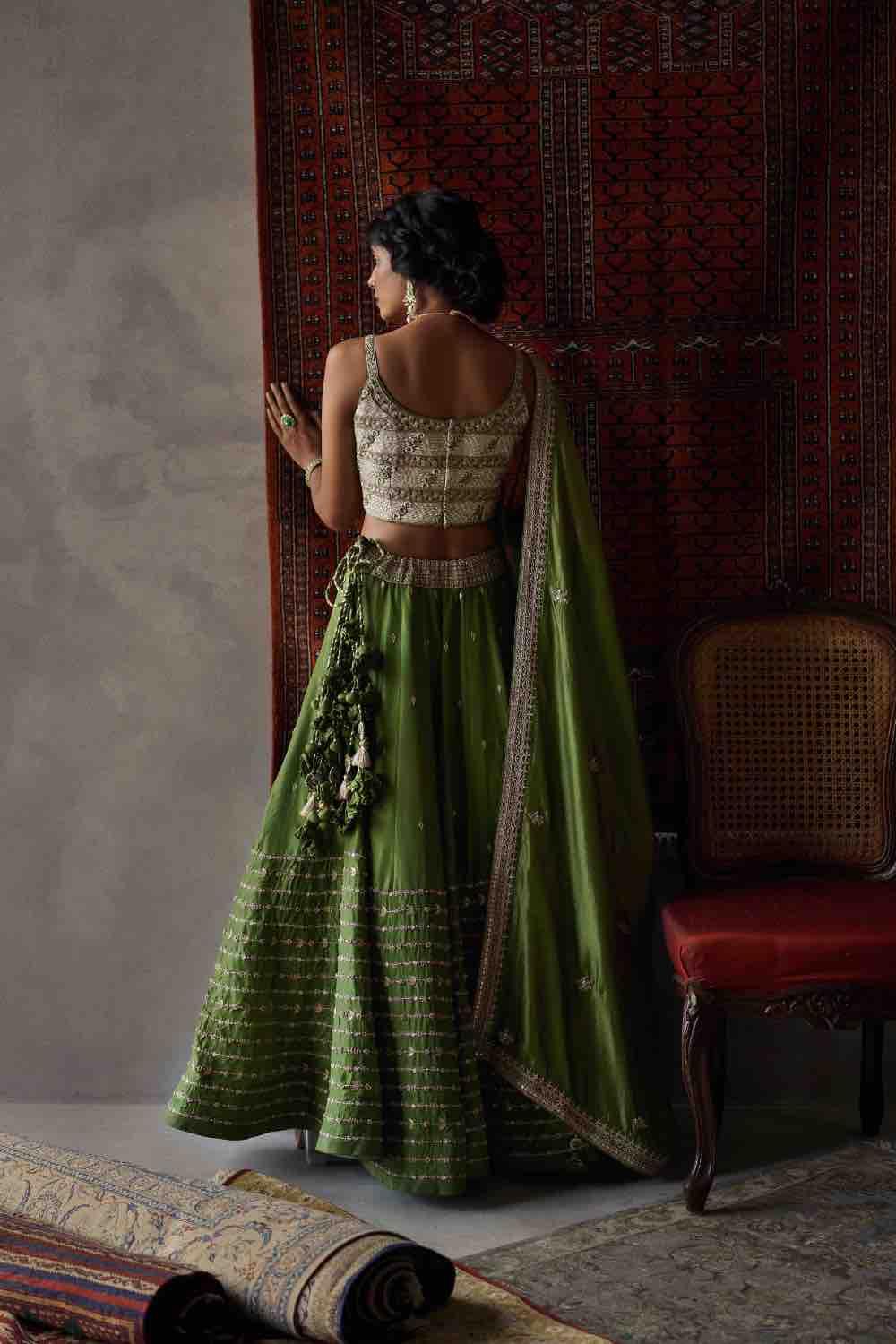 Olive Green Silk Lehenga Set