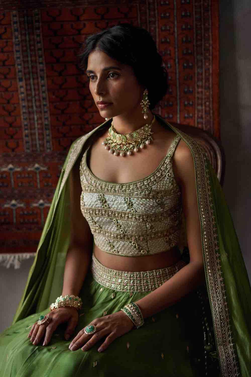 Olive Green Silk Lehenga Set