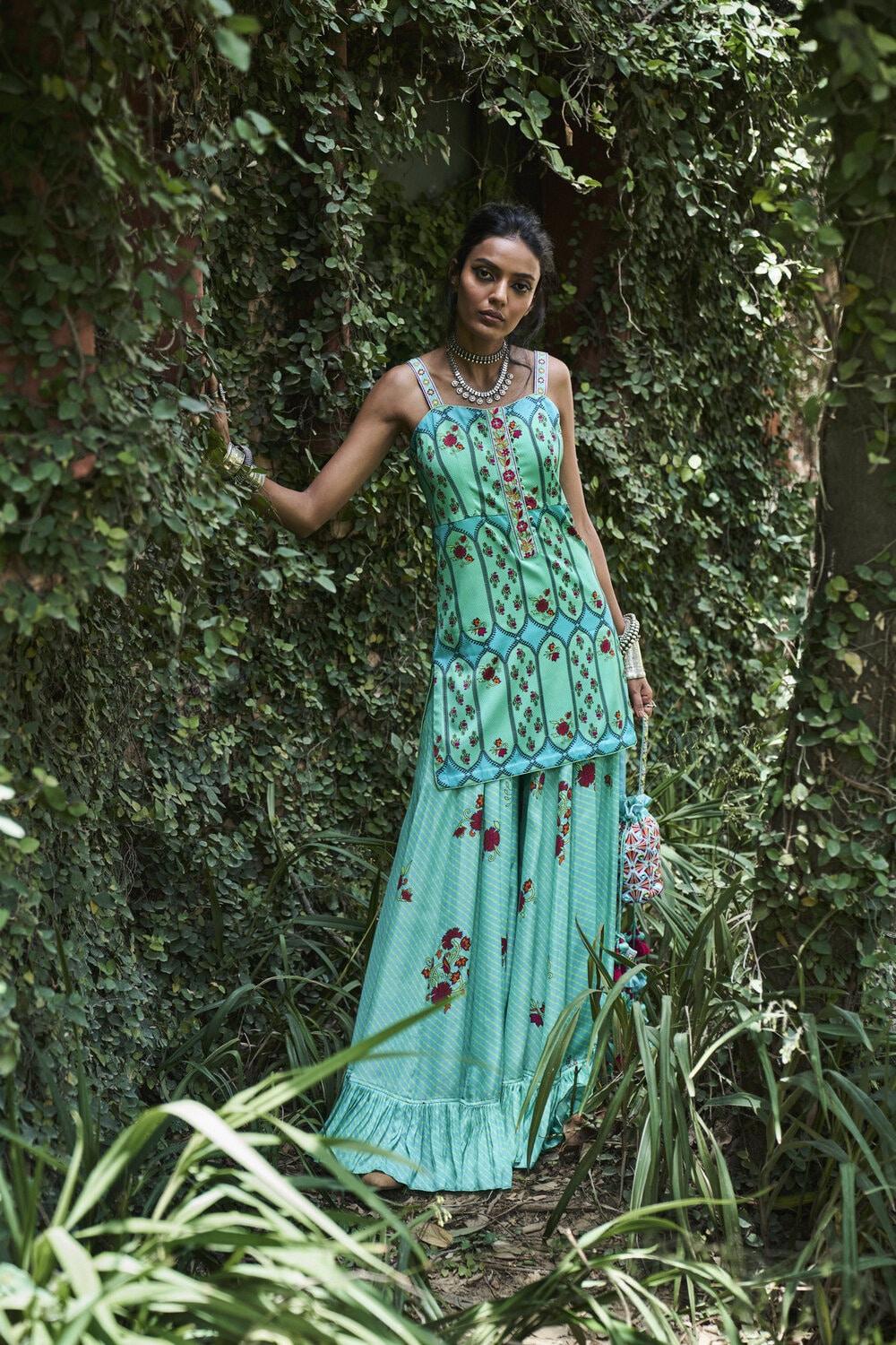 Turquoise Satin Silk Short Kurti Sharara Set