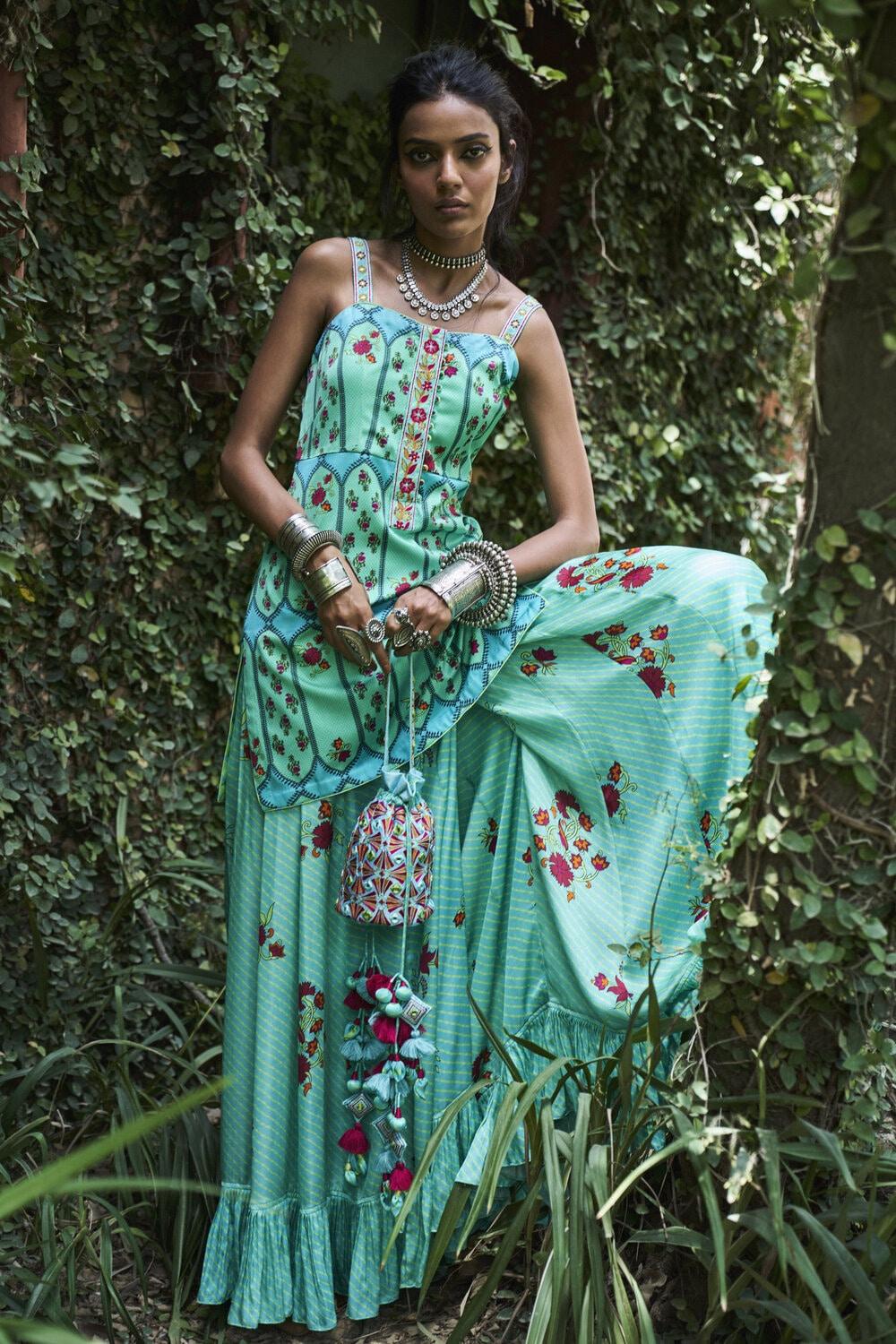 Turquoise Satin Silk Short Kurti Sharara Set