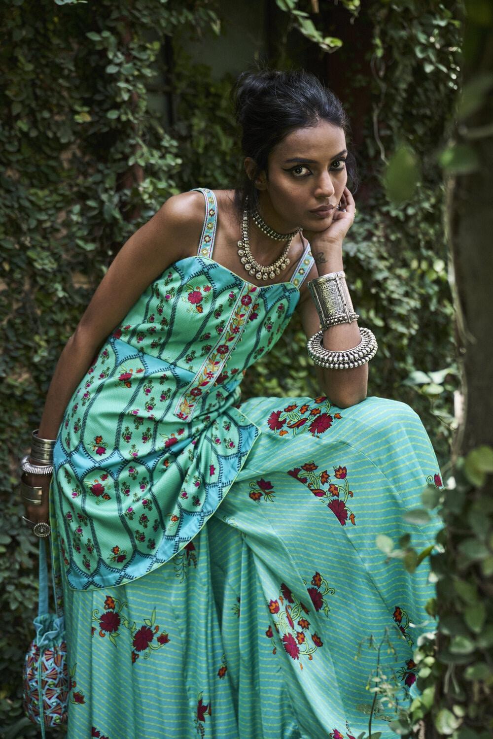 Turquoise Satin Silk Short Kurti Sharara Set